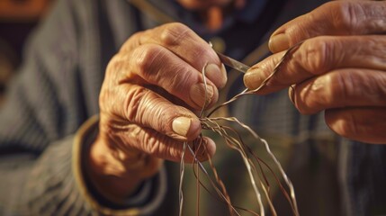 Elderly craftsman is carefully shaping a piece of metal wire using a pair of pliers, his hands showing years of experience