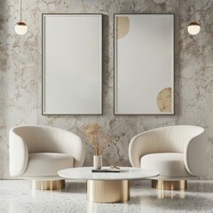 Two white armchairs with a coffee table in a modern living room with marble walls and two blank frames. ready for your design