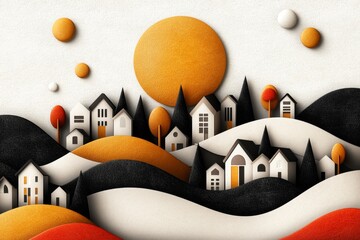 Poster - Abstract minimalist depiction of a row of houses with simple geometric shapes and clean lines, representing the structured, orderly nature of neighborhood design, capturing modern aesthetics