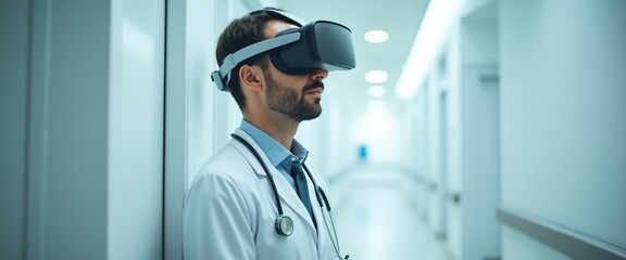 Wall Mural - doctor using vr headset in hospital corridor, concept of medical technology and virtual reality in h