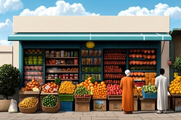 Poster - Abstract minimalist depiction of a street market with clean lines, a few figures browsing, and stalls selling goods in a simple, modern style, capturing the essence of global markets in a minimalist