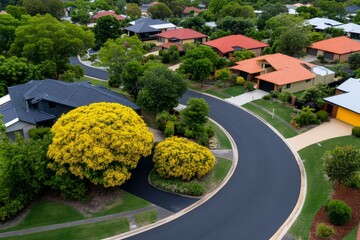 Aufkleber - Minimalist design of a neighborhood with simple outlines of houses, trees, and a single road, capturing the quiet and simplicity of suburban living, symbolizing clean and peaceful environments