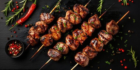 Poster - Delicious grilled meat skewers arranged on a dark plate with vibrant herbs and spices. Perfect for a summer barbecue or a cozy dinner. A feast for the senses. AI