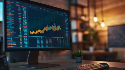 Wall Mural - data analysis workspace with trading charts and financial graphs in a modern office setup during eve