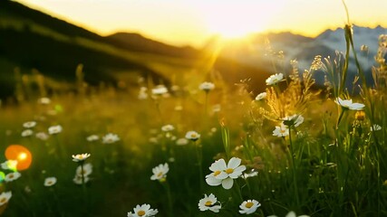 Wall Mural - summer meadow filled white clover wildflowers camera gracefully moves between grass and flowers warm glow sunset nature spring sun flower beautiful environment 