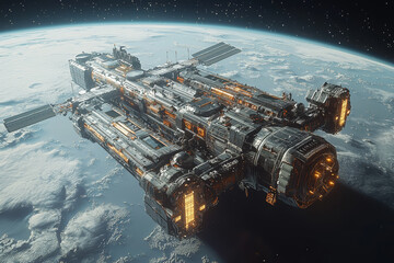 Wall Mural - a space station orbiting the moon, serving as a launch point for deeper space missions, highlighting