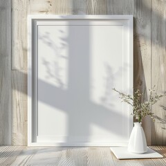 A white frame with a blank canvas sits on a wooden table with a small white vase filled with white flowers The background is a wood wall with light streaming in through a window. casting shadows