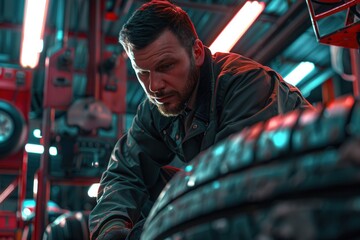 Poster - A skilled mechanic is focused on changing a tire in a brightly lit shop, surrounded by tools and equipment in the evening. Generative AI
