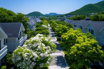 Leinwandbilder - Simple geometric design of a neighborhood block with houses and trees represented in clean, crisp shapes, symbolizing the structure and balance of a close-knit community, showing simplicity