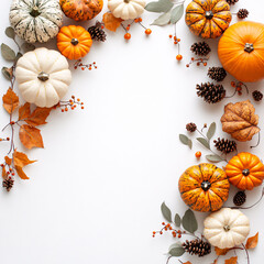 copy space of White background with a row of orange and white pumpkins and pine cones,banner concept