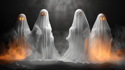 Halloween ghosts. Scary transparent white ghost, spirit monsters silhouettes with spooky faces. Horror holiday flying phantoms or nightmare shadows foggy figures. Halloween atmosphere. Copy space