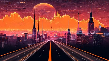 Wall Mural - City landscape artwork with orange sky on the sundown. Textured painting of a cyberpunk city in motion