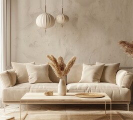 A cozy living room with a white sofa. a wooden coffee table. and a vase of pampas grass The room is decorated in a neutral palette. and there are two pendant lights hanging from the ceiling