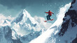 © Thiago - A snowboarder performing a trick off a snowy jump, framed by the snow-capped peaks. Snow-Capped Peaks. Illustration