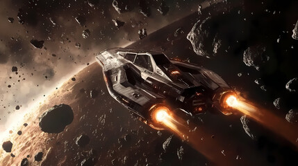 a spaceship navigating through an asteroid belt. asteroid belt. illustration