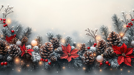 Traditional Christmas garland with red poinsettias and frosted pinecones