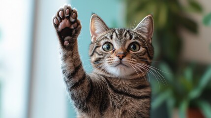 Wall Mural - A playful tabby cat raises its paw while sitting indoors among houseplants in bright, natural light during the day