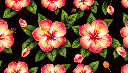 Hibiscus flowers  seamless pattern isolated with white highlights, png