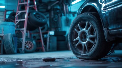 Aufkleber - A technician works to replace a flat tire on a car in an auto repair shop, surrounded by tools and spare tires. Generative AI