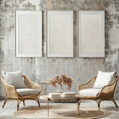 Two wicker armchairs with white cushions and throw pillows face each other across a round coffee table with a stack of books and a vase of dried branches. in front of a distressed concrete wall with t