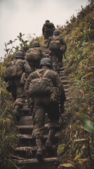 Soldiers Climbing Mountain Path in Misty Environment, Documentary Style
