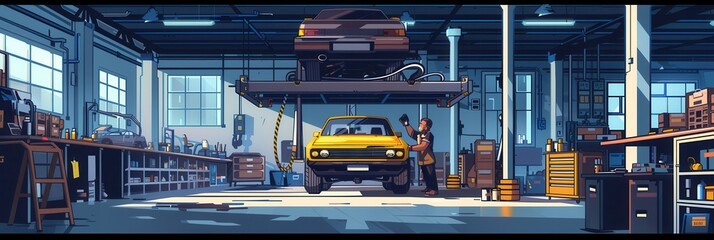 Aufkleber - A mechanic is focused on repairing a vehicle beneath a car elevated on a hoist, showcasing his expertise in a busy workshop. Generative AI