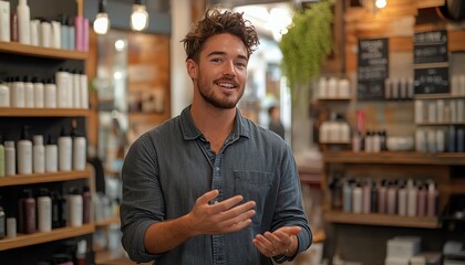 A cheerful man engaging with customers in a modern beauty store filled with hair care products.