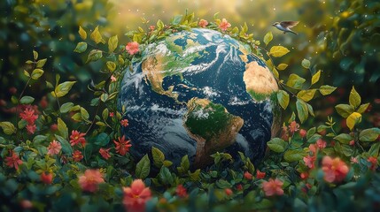 Wall Mural - a vibrant earth surrounded by lush greenery and colorful flowers, illustrating nature's beauty and h