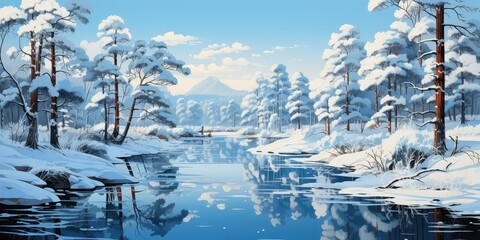 Canvas Print - Snowy forest by a lake