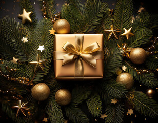 Golden gift box on dark Christmas tree with stars, serpentine, and decorations surrounding _1(405)