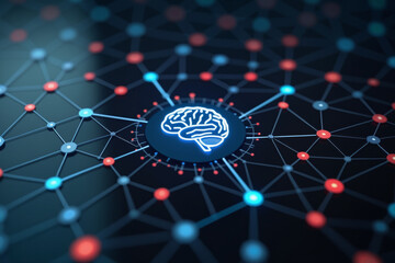 A glowing blue brain on a dark background with red and blue dots, symbolizing artificial intelligence.