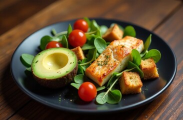 A woman in jeans sits and holds a plate with fresh food avocado, cucumber, spinach, radish, egg, microgreens, seeds. Proper healthy eating, keto diet. Green vegan breakfast. Close-up selective focus