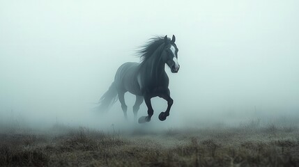 a striking silhouette of a black and white horse in mid-gallop, casting an elongated shadow against a minimalist landscape, evoking a sense of freedom and elegance