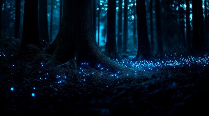 Wall Mural - magic forest with light and glowing trees, fantasy landscape.