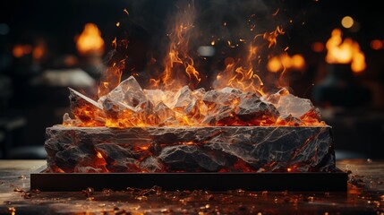 Wall Mural - Stone display stand with flames on a dark background, adding intensity and drama for high-impact visual presentations.