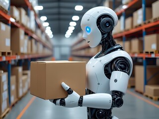 Artificial intelligent white robot replaced human worker in a modern warehouse, moving boxes arround