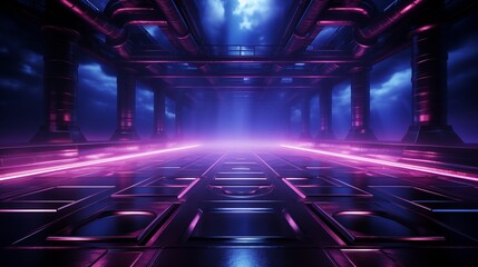 Wall Mural - Dimly lit stage with neon blue, purple, and pink glow, ready for a show, casting dramatic light across the dark backdrop.