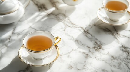 Wall Mural - Macarons in a cafe, different colors
Tea on a white table, in mugs
