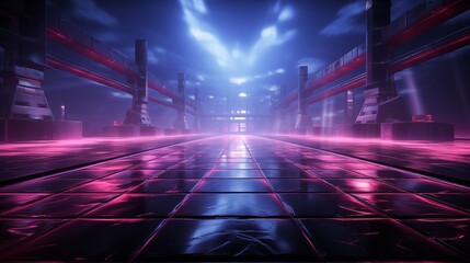 Wall Mural - Dark stage illuminated by soft neon lights in pink, blue, and purple hues, creating a surreal and inviting atmosphere.