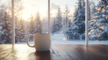 Leinwandbilder - A steaming coffee cup rests on a wooden table, with sunlight streaming through large windows and illuminating a snowy forest landscape outside during a cold winter morning.