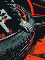 Poster - A mechanic is in the process of changing a tire on a car in a workshop, emphasizing the tire and the careful handling involved. Generative AI