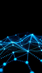 Moving neon blue dots pattern forming a digital network connection on dark background isolated with white highlights, png