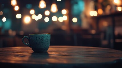 Fototapete - A rustic coffee cup waits on a wooden table, surrounded by warm, softly glowing lights illuminating the cozy cafe atmosphere. It captures a tranquil moment perfect for relaxation or conversation.