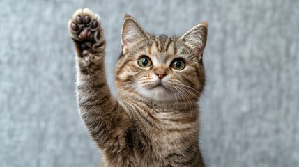 Wall Mural - A playful cat with raised paw against a textured gray background in a cozy indoor setting during the daytime