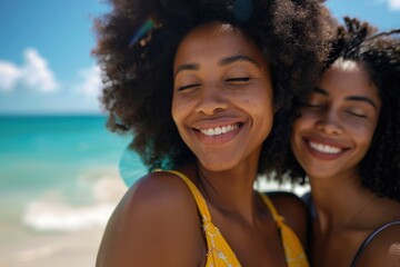 Joyful reunion of friends with afro hair enjoying a summer vacation on the beach, embracing freedom and fun in a beautiful outdoor setting