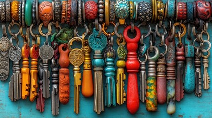 colorful background with rustic iron accessories and vibrant patterns on blue backdrop