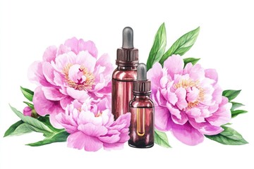 Wall Mural - Pink Peony Blossoms and Aroma Essential Oil Set. Hand-Drawn Watercolor Illustration Perfect for Wedding Bouquets and Spa Decor