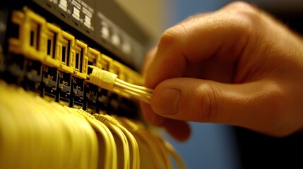 Poster - Hand Connecting Yellow Fiber Optic Cables to Network Device