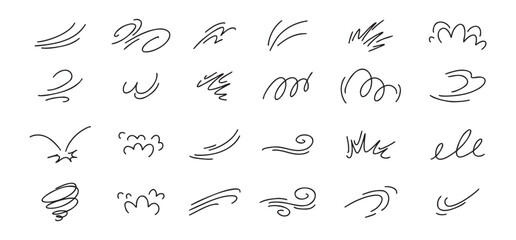Doodle line wind moving set. Breath of the typhoon. Flat wind moves Vector isolated illustration