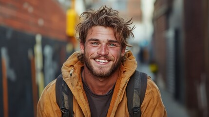 A man dressed in a rugged, rustic outfit stands smiling, set amidst an outdoor background that highlights his cheerful demeanor and adventurous spirit seamlessly.